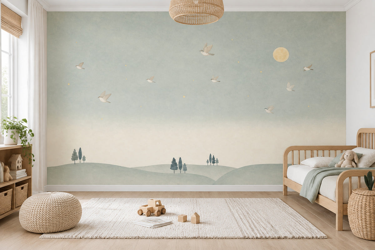 Moon And Birds Wallpaper Watercolor Landscape Wall Mural