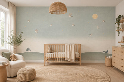 Moon And Birds Wallpaper Watercolor Landscape Wall Mural