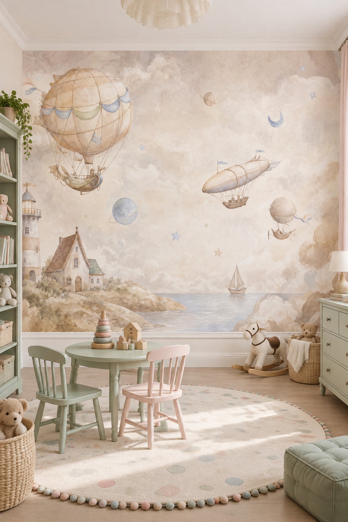 Hot Air Balloon Wallpaper Watercolor Coastal Sky Wall Mural