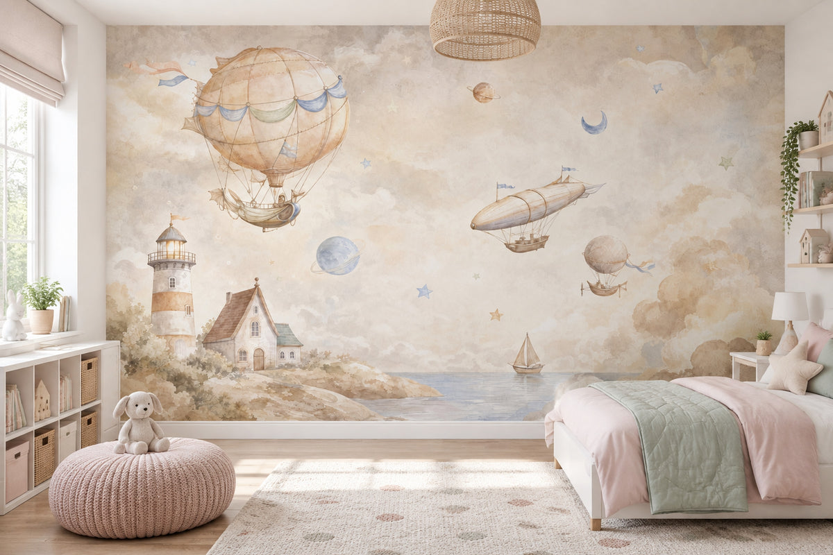 Hot Air Balloon Wallpaper Watercolor Coastal Sky Wall Mural