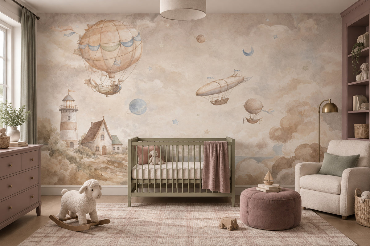 Hot Air Balloon Wallpaper Watercolor Coastal Sky Wall Mural