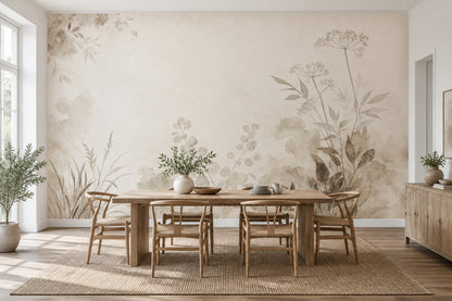 Watercolor Wildflowers Wallpaper Ivory Beige Leaves Wall Mural