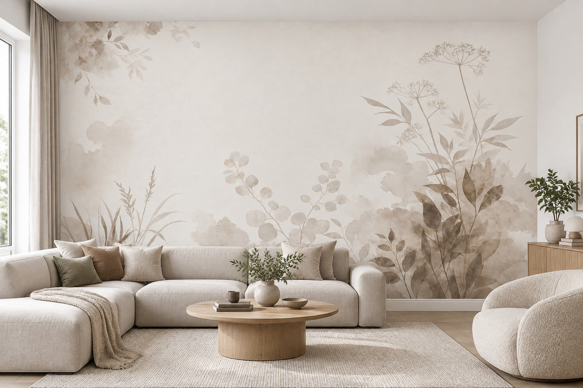 Watercolor Wildflowers Wallpaper Ivory Beige Leaves Wall Mural