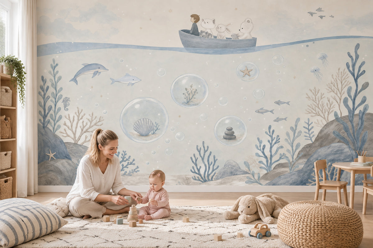 Underwater Boat Nursery Wallpaper Watercolor Coastal Wall Mural