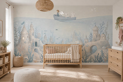 Whimsical Underwater Castle Wallpaper Watercolor Ocean Wall Mural