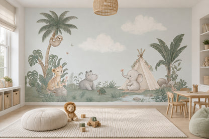 Pastel Jungle Safari Animals Wallpaper Watercolor Nursery Wall Mural