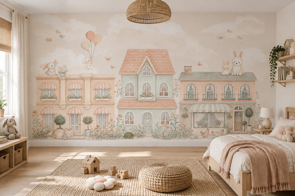 Pastel Village Bunnies Wallpaper Storybook Wall Mural