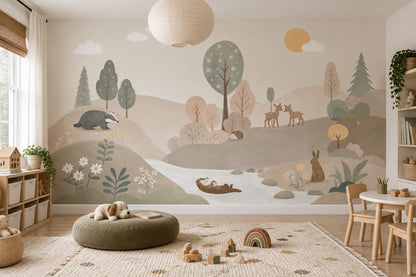 Woodland Forest Animals Wallpaper Pastel Landscape Wall Mural