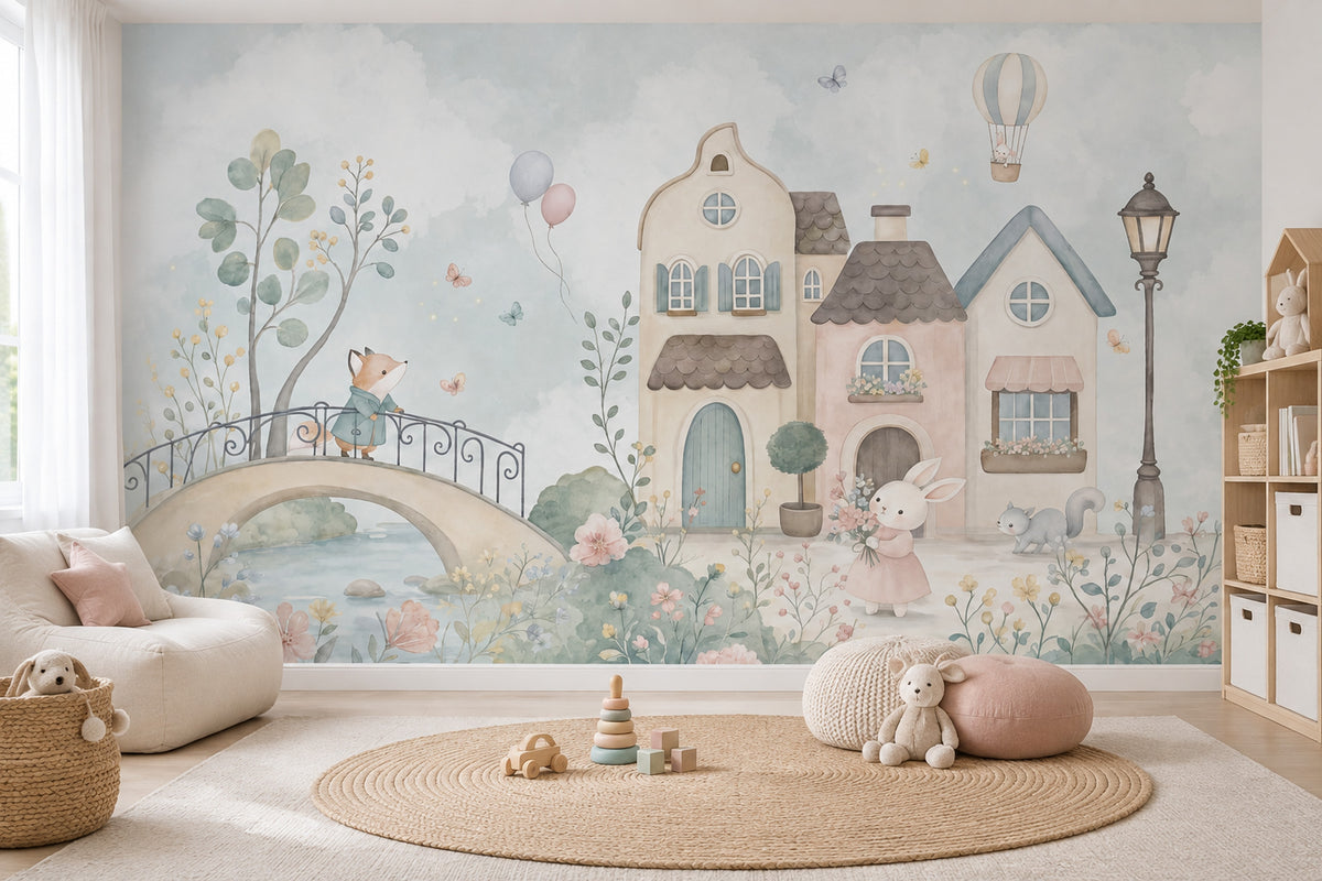 Watercolor Fairy Village Wallpaper Hot Air Balloon Wall Mural