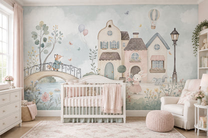 Watercolor Fairy Village Wallpaper Hot Air Balloon Wall Mural