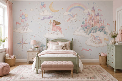 Unicorn Princess Castle Wallpaper Watercolor Fairy Tale Wall Mural