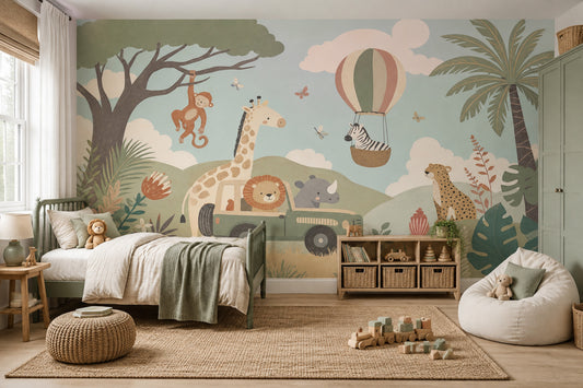 Pastel Safari Animals Wallpaper Hot Air Balloon Wall Mural