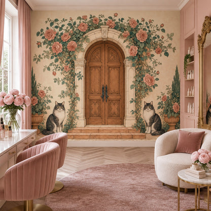 Rose Arbor Wooden Door Wallpaper Vintage Garden Wall Mural