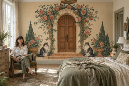 Rose Arbor Wooden Door Wallpaper Vintage Garden Wall Mural