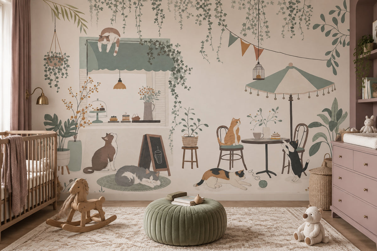 Cat Cafe Storefront Wallpaper Sage Green Garden Patio Wall Mural