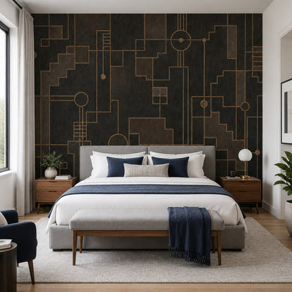 Geometric Art Deco Grid Wallpaper Dark Gold Lines Wall Mural
