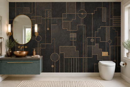 Geometric Art Deco Grid Wallpaper Dark Gold Lines Wall Mural