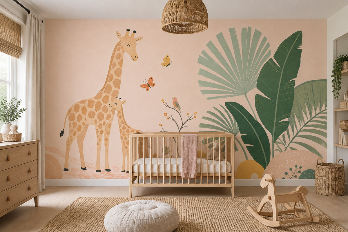 Mother And Baby Giraffe Wallpaper Watercolor Safari Wall Mural