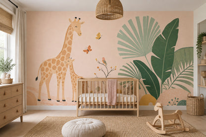 Mother And Baby Giraffe Wallpaper Watercolor Safari Wall Mural