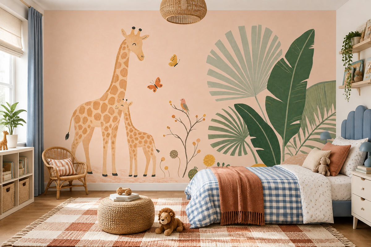 Mother And Baby Giraffe Wallpaper Watercolor Safari Wall Mural