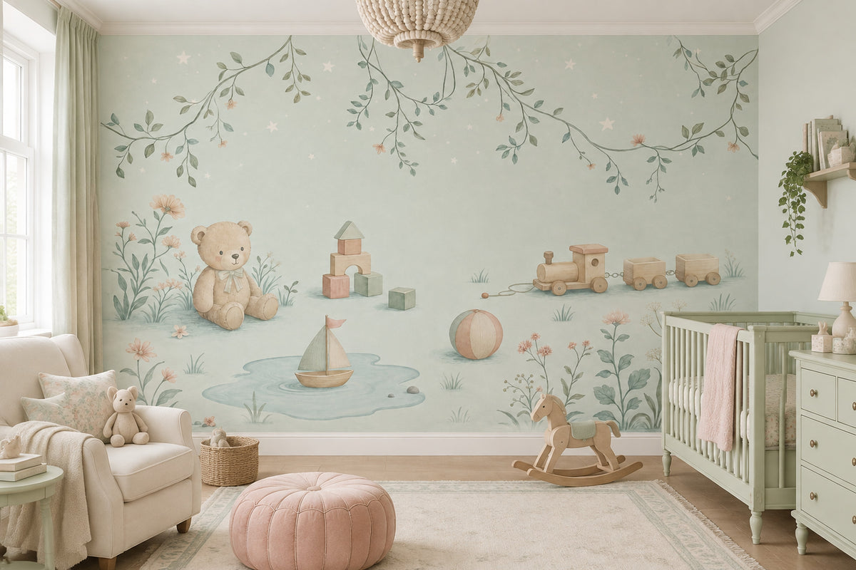 Watercolor Teddy Bear Wallpaper Pastel Toy Garden Wall Mural