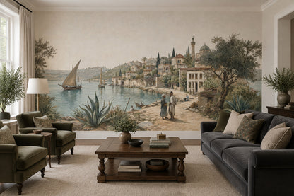 Mediterranean Coastal Village Wallpaper Vintage Landscape Wall Mural