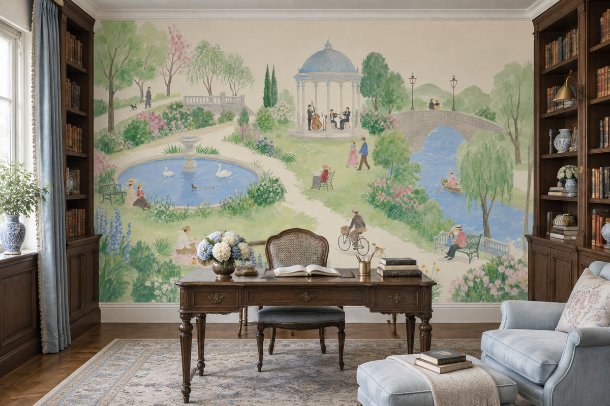 Watercolor European Park Wallpaper Gazebo River Wall Mural