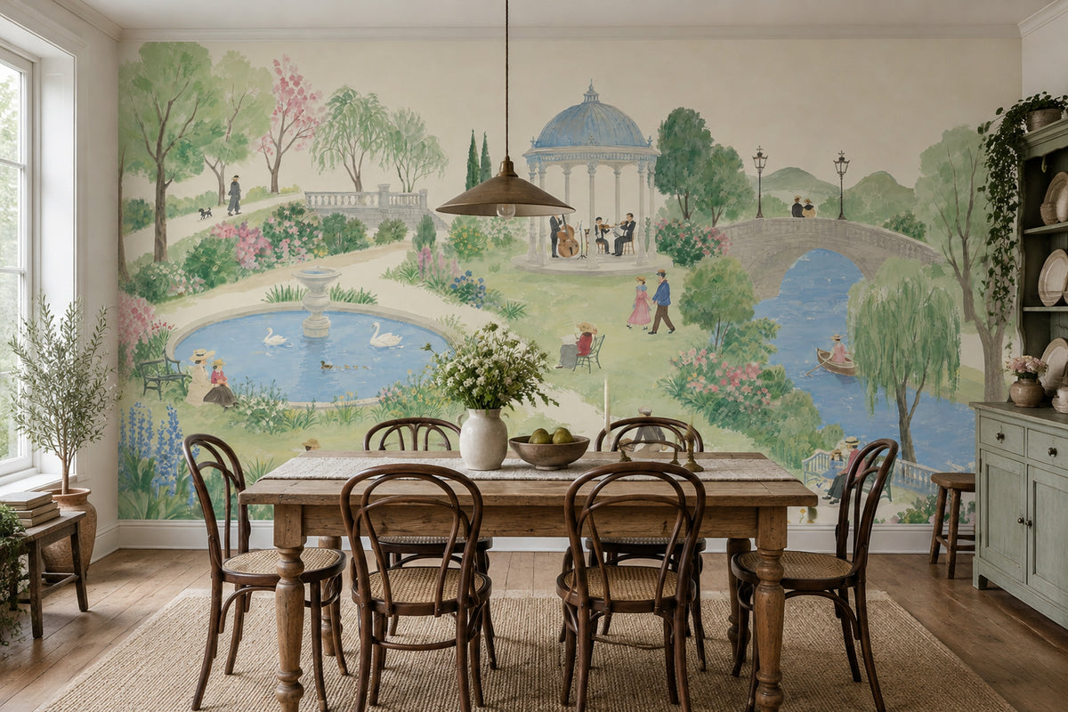 Watercolor European Park Wallpaper Gazebo River Wall Mural