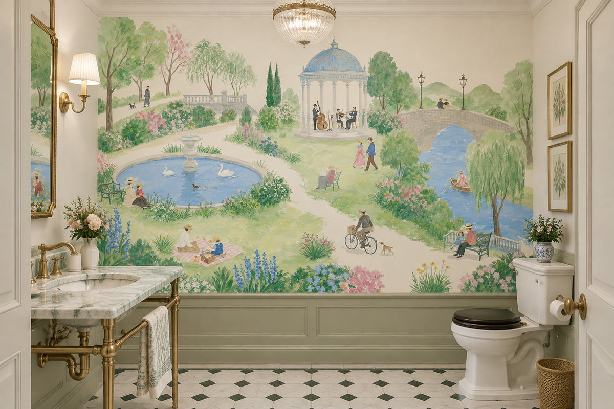 Watercolor European Park Wallpaper Gazebo River Wall Mural