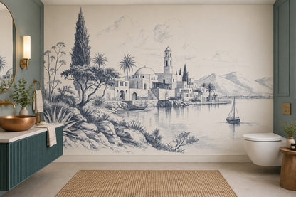 Mediterranean Coastal Village Wallpaper Toile Blue Linework Wall Mural