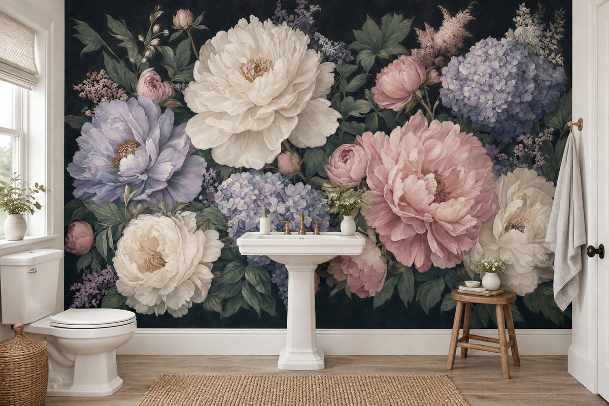 Peony And Hydrangea Wallpaper Dark Floral Wall Mural