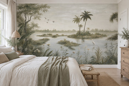 Tropical Wetland Heron Wallpaper Vintage Botanical Wall Mural