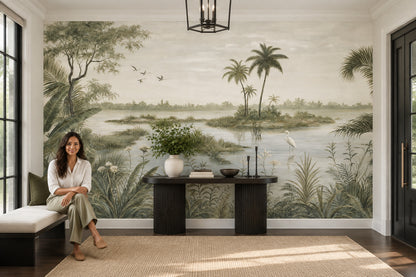 Tropical Wetland Heron Wallpaper Vintage Botanical Wall Mural