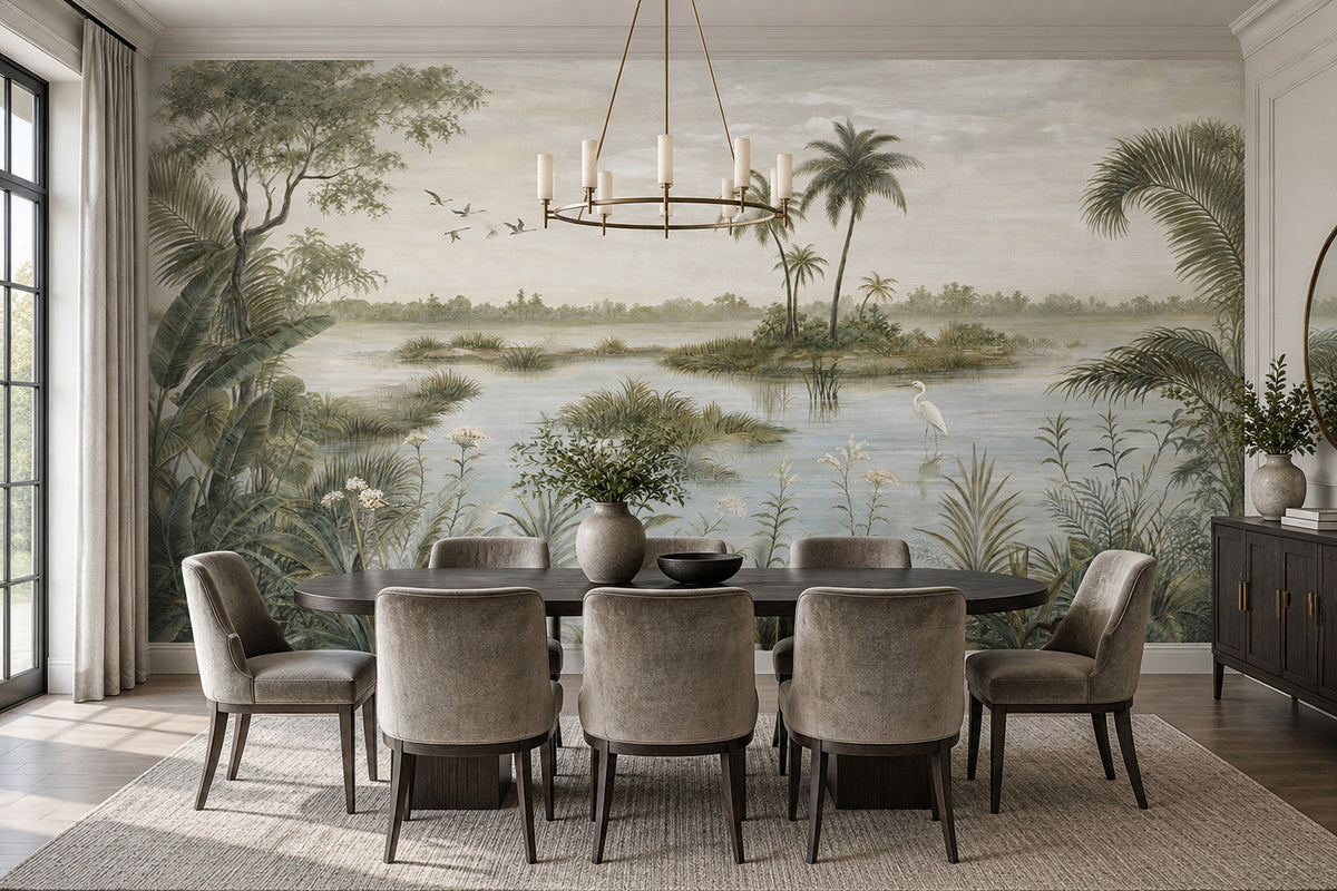Tropical Wetland Heron Wallpaper Vintage Botanical Wall Mural