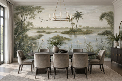 Tropical Wetland Heron Wallpaper Vintage Botanical Wall Mural