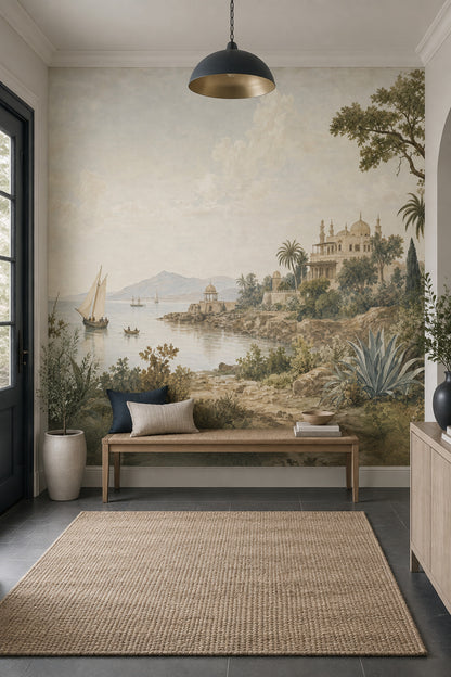 Vintage Coastal Scenery Wallpaper Mediterranean Palace Wall Mural