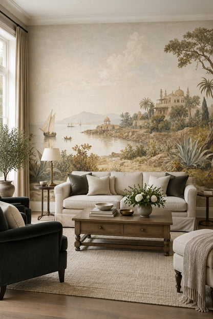 Vintage Coastal Scenery Wallpaper Mediterranean Palace Wall Mural