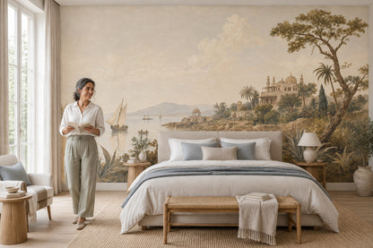 Vintage Coastal Scenery Wallpaper Mediterranean Palace Wall Mural