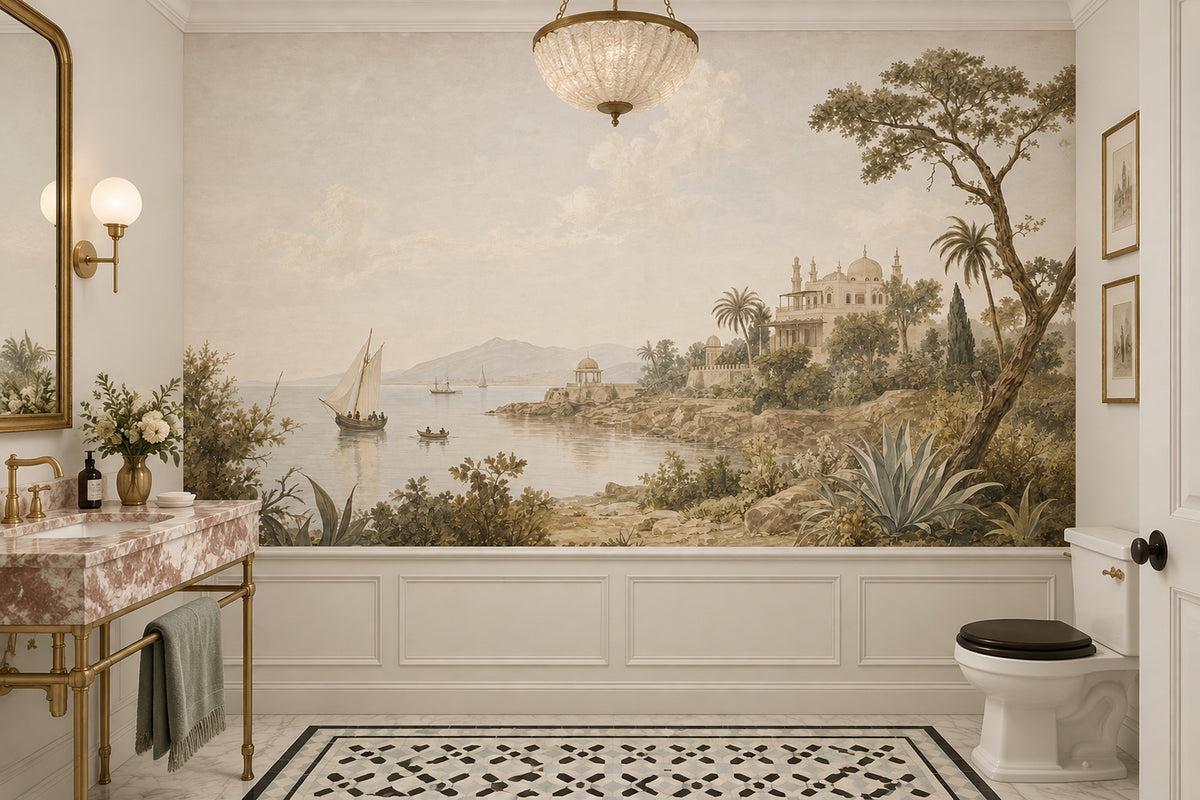 Vintage Coastal Scenery Wallpaper Mediterranean Palace Wall Mural