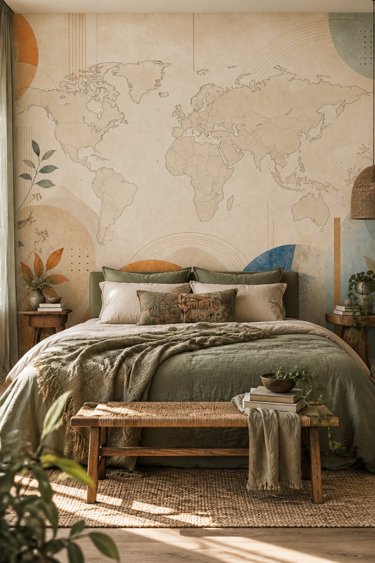 Vintage World Map Wallpaper Muted Green Botanical Wall Mural