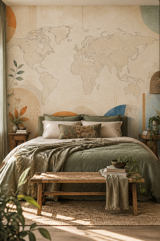 Vintage World Map Wallpaper Muted Green Botanical Wall Mural