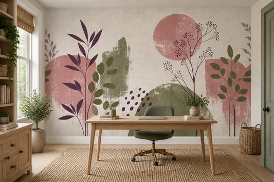 Abstract Botanical Stems Wallpaper Linen Texture Wall Mural