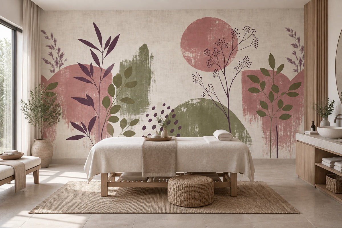 Abstract Botanical Stems Wallpaper Linen Texture Wall Mural