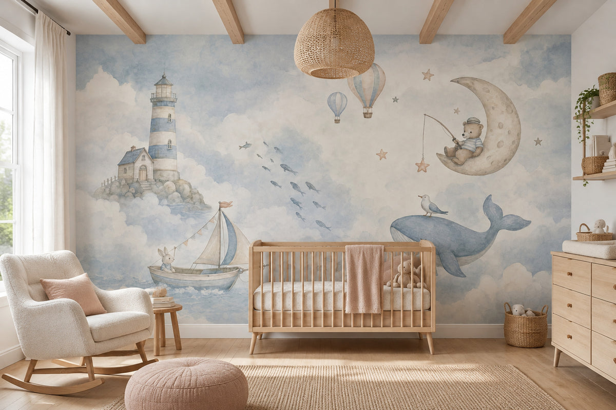 Watercolor Lighthouse Wallpaper Dreamy Coastal Wall Mural