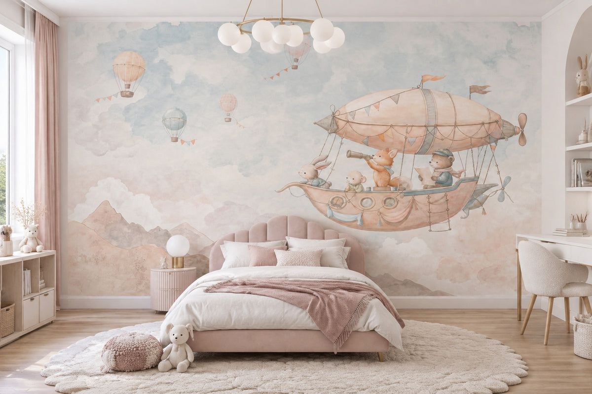 Whimsical Airship Animals Wallpaper Watercolor Storybook Wall Mural