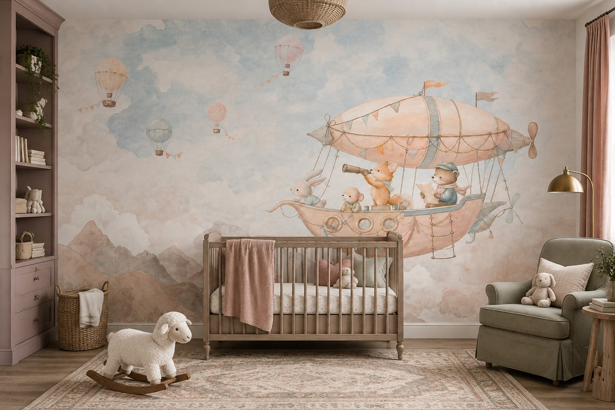 Whimsical Airship Animals Wallpaper Watercolor Storybook Wall Mural