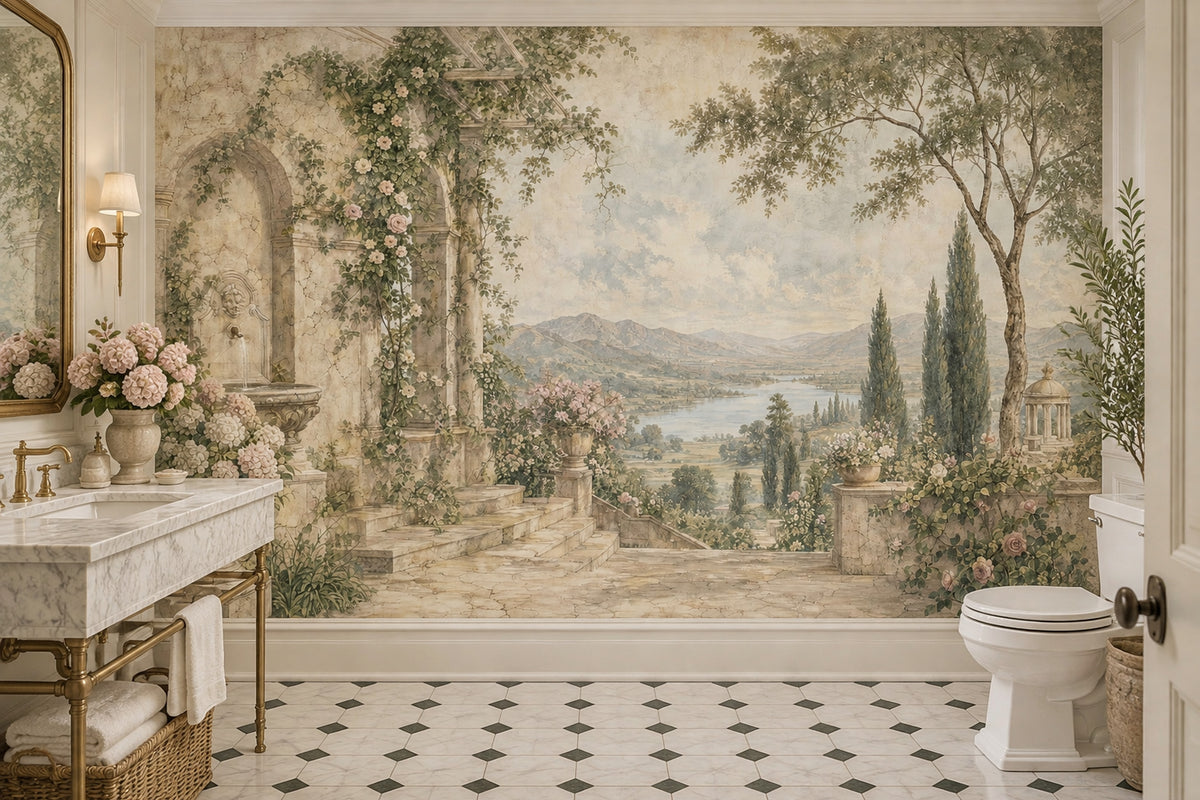 Vintage Garden Terrace Wallpaper Romantic Stone Arch Wall Mural