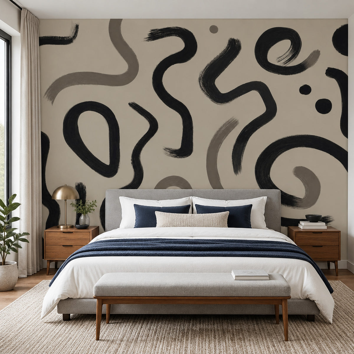 Abstract Brushstroke Wallpaper Black Lines Wall Mural