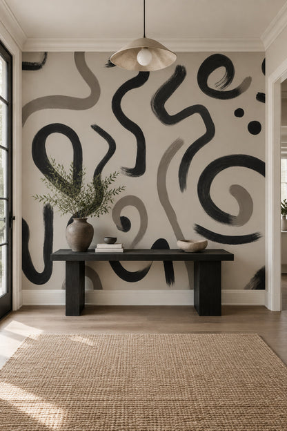 Abstract Brushstroke Wallpaper Black Lines Wall Mural