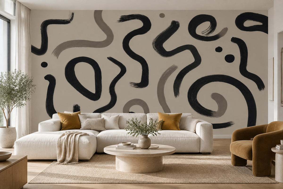 Abstract Brushstroke Wallpaper Black Lines Wall Mural